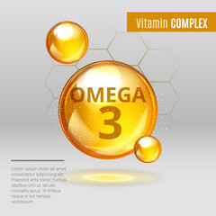 Vitamin Omega-3 Fatty Acids gold shining pill capsule icon . Vitamin complex with Chemical formula Dietary supplement .Shining golden substance drop or essence droplet. Meds for health ads. Vector.