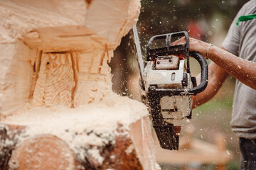 Close-up of woodcutter lumberjack is man chainsaw tree