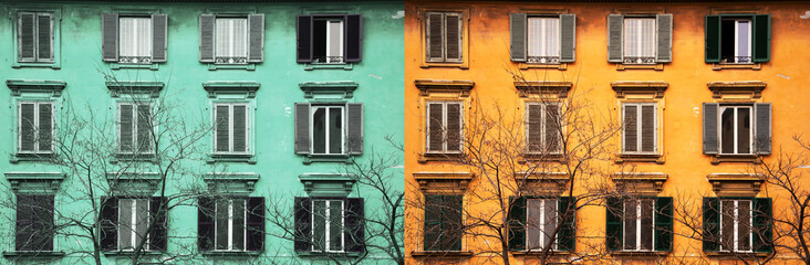 green blue orange window of classic building architecture Europe architecture banner background