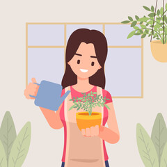 Girl with apron is watering houseplants, Caring for indoor plants, Hobby and lifestyle, Vector illustration in flat style