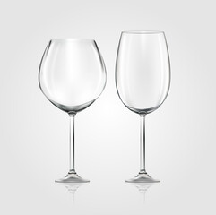 Vector realistic empty Wine Glasses isolated on white background. Vector illustration of 2 Wine Glasses, widen and narrow