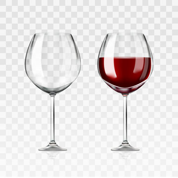 Vector realistic full and empty glasses of red wine beautiful shining glass isolated on transparent background with red grape drink. EPS 10.