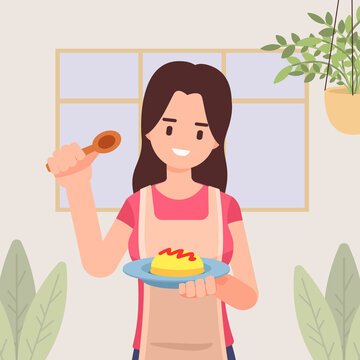 Girl with apron is cooking, Holding plate with omelet topped ketchup in the Kitchen, ingredients chef cooking, Homemade food, dinner, Vector illustration in flat style