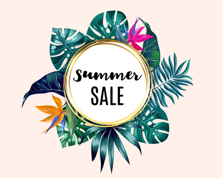 Vector Summer Sale banner, poster with trendy tropical palm leaves, jungle. Beautiful floral tropical summer Web banner or poster for e-commerce, on-line cosmetics shop, fashion beauty shop, store