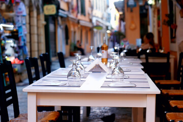 abstract blurred background street cafe in the city, no people, empty, summer restaurant quarantine
