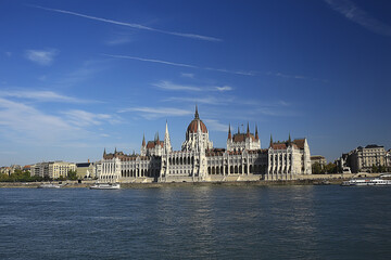 Budapest parliament landscape, tourist view of the capital of hungary in europe, architecture landscape