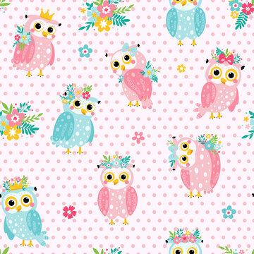 Cartoon style owls seamless pattern