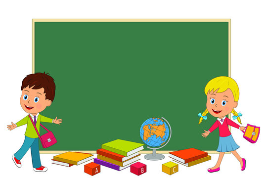 kids with bags and blackboard, illustration,vector