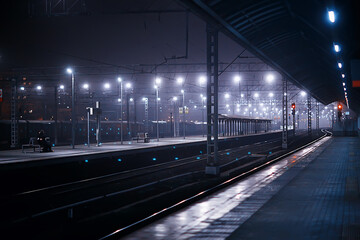 railway tracks night landscape at the railway station fog autumn