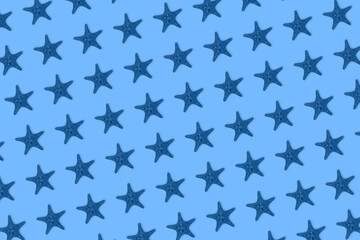 Dried toned in blue sea star fish pattern on blue background.