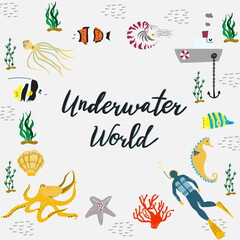 Hand drawn flat underwater world.