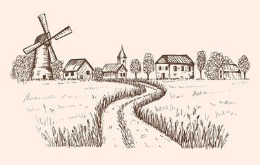 Sketch of a rural landscape. The road leading to the farm, houses, mill through a wheat field.Good for packaging farm, eco-friendly, natural food. Engraved,etched image. Hand drawn. Monochrome vector.