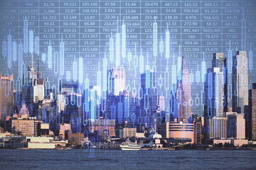 Forex graph on city view with skyscrapers background double exposure. Financial analysis concept.