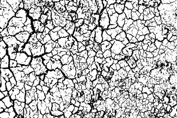 Grunge texture of dry cracked soil. Monochrome natural background of the drought surface with cracks, spots, noise and grain. Overlay template. Vector illustration