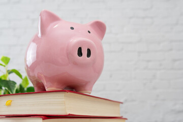 積み上げられた書籍とピンクの豚の貯金箱