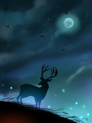 Obraz na płótnie Canvas halloween night background and male deer's silhouette