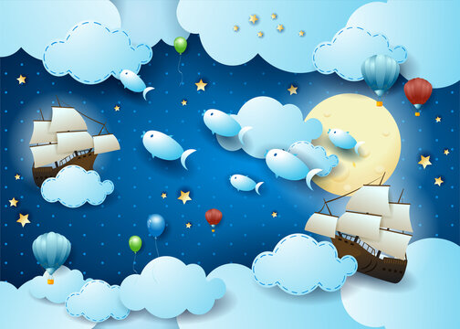 Starry sky with flying fishes and vessels, surreal illustration