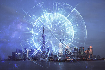 Double exposure of business theme hologram drawing and city veiw background. Concept of success.