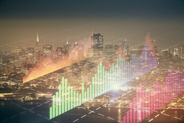 Financial graph on night city scape with tall buildings background double exposure. Analysis concept.