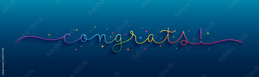 Wall mural congrats! rainbow vector monoline calligraphy banner with colorful confetti on blue background - Wall murals
