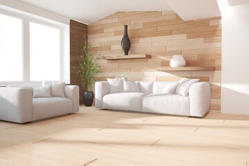Fototapeta na wymiar modern room with wooden wall,sofa,armchairs,shelves interior design. 3D illustration