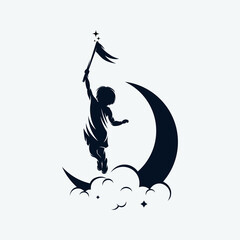 A child is flying holding a flag on the moon logo design template