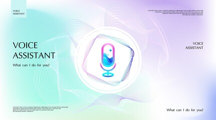 Smart voice assistant app template. Microphone icon control speech sound recognition. Digital audio spectrum line. Logo technology AI signal. Web, landing page design background. Vector illustration.