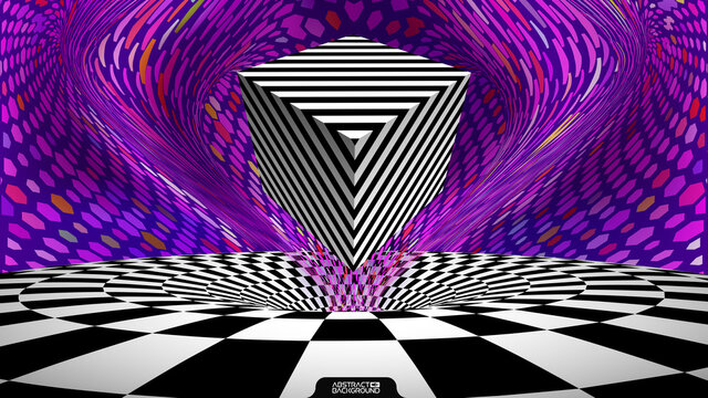 Optical Illusion Cube. Retro Op Art Purple Background Wave. Vector Illustration.