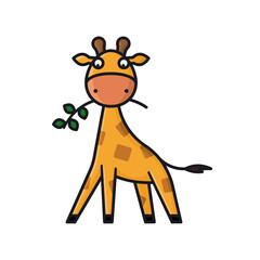 Baby Giraffe cartoon character chewing branch isolated  vector illustration for Global Giraffe Day on June 21st. African wildlife symbol.