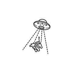 UFO abducting a cow cartoon vector line icon