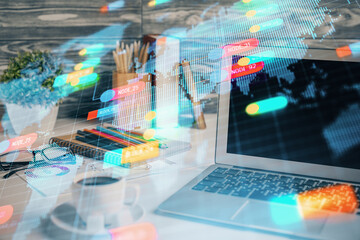 Double exposure of desktop with computer on background and tech theme drawing. Concept of big data.