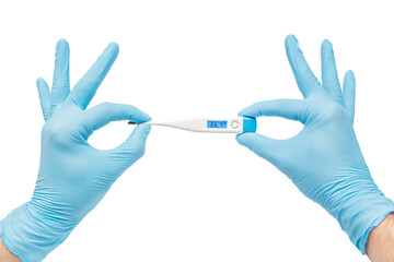 modern digital thermometer in the hands of a doctor in protective gloves. Concept of checking the...