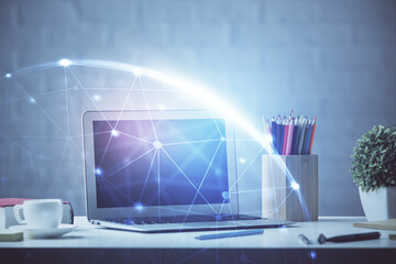 Computer on desktop with social network hologram. Double exposure. Concept of international people connections.