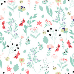 Floral seamless pattern. Botanical background for wrapping paper, textile print, wallpaper. Vector illustration.