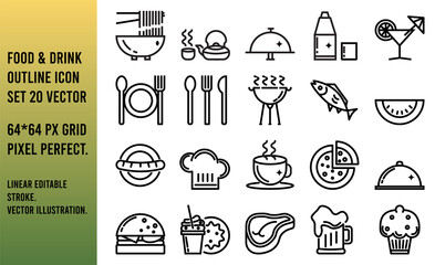 Food and drink outline icon set. 64*64 px Grid Pixel Perfect. Linear Editable Stroke. Vector Illustration.