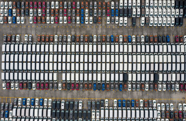 Aerial view of all new cars parking at the factory