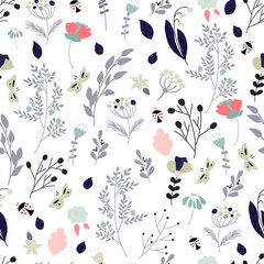 Floral seamless pattern. Botanical background for wrapping paper, textile print, wallpaper. Vector illustration.