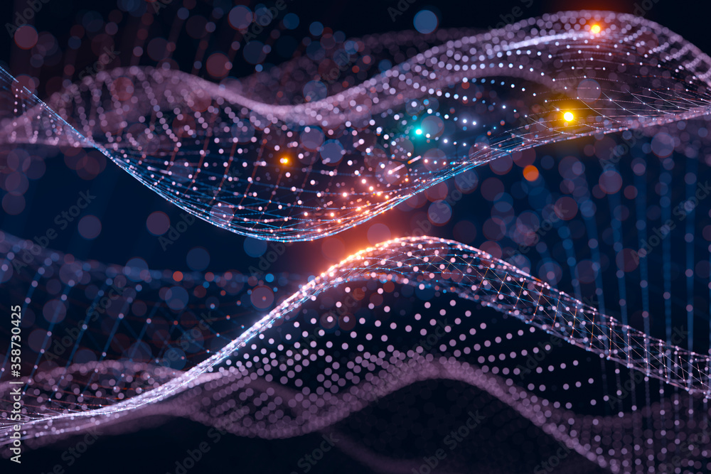 Poster Moving neon blue and orange wireframe pattern forming a digital network connection on dark background