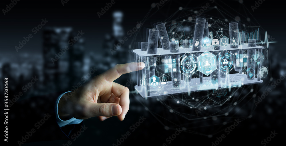 Poster man hand holding and touching holographic tubes samples projection 3d rendering
