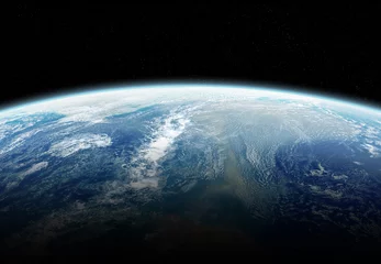 Fototapeten Blick auf den Planeten Erde hautnah mit der Atmosphäre während eines Sonnenaufgangs 3D-Rendering-Elemente dieses von der NASA bereitgestellten Bildes © sdecoret