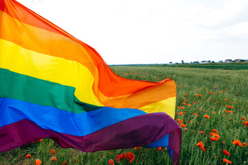 LGBT Flag. Colorful rainbow flag, the symbol of sexual minorities, lying on the poppy field. Freedom and love concept for same sex couples
