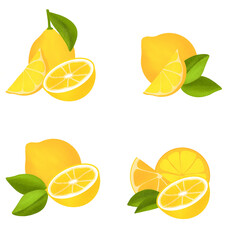Juicy lemon with slice and leaves. Fresh citrus fruits whole and halves isolated vector illustration.