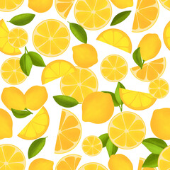 ummer pattern with lemons and leaves. Seamless texture design. Juicy orange with slice and leaves. Fresh citrus fruits whole and halves.