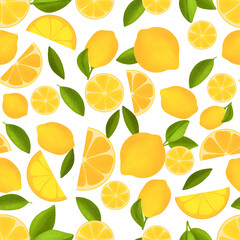 ummer pattern with lemons and leaves. Seamless texture design. Juicy orange with slice and leaves. Fresh citrus fruits whole and halves.