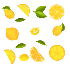 Juicy lemon set with slice and leaves. Fresh citrus fruits whole and halves isolated on a white background.