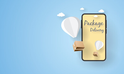 Balloon with package floating in online delivery services ,Delivery service concept