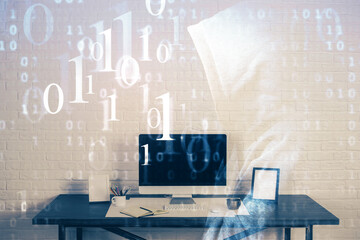 Double exposure of desktop computer and technology theme hologram. Concept of software development.