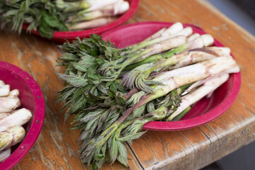 Edible shoots of a fatsia in water. Korean called Dureub.