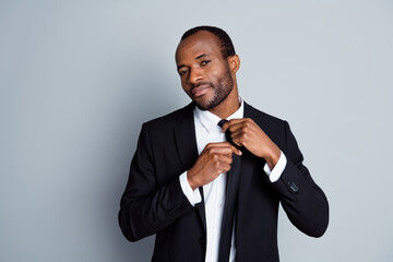 Close-up portrait of his he nice attractive content luxury imposing guy employee leader partner...