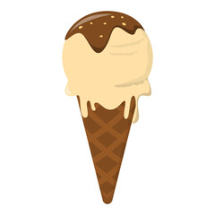 Ice cream vector isolated. Sweet cold dessert, vanilla taste. Colorful frozen snack with brown chocolate cream topping.